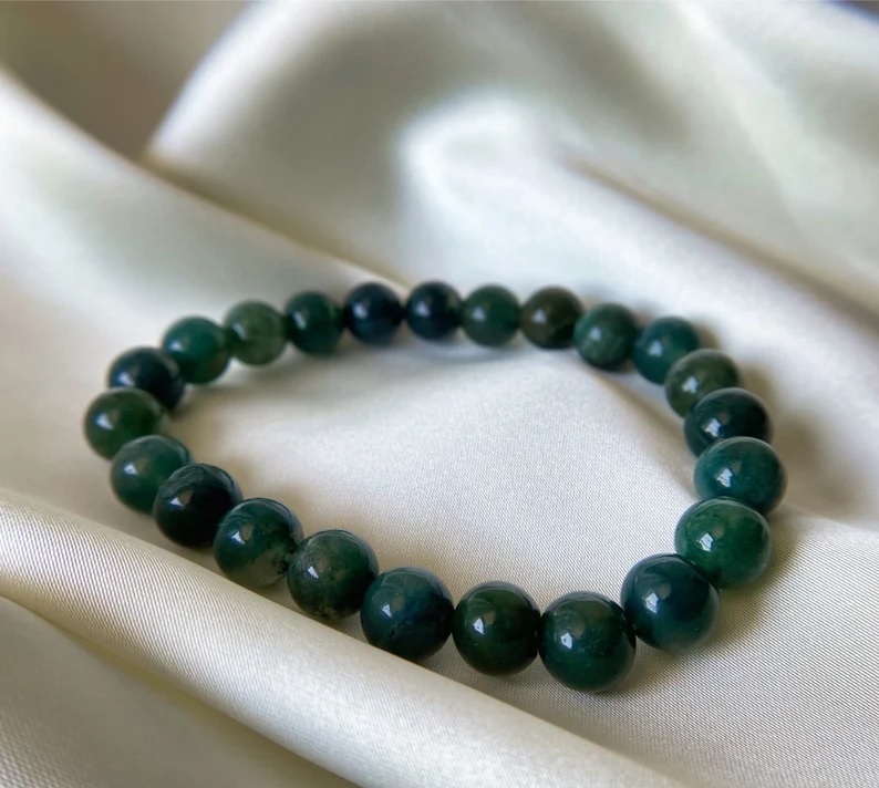 Moss Agate Bracelet - Natural Polished Gemstone, Round Shape, Green Color, Free Size | Adjustable Handmade Jewelry For Fashion And Chakra Healing