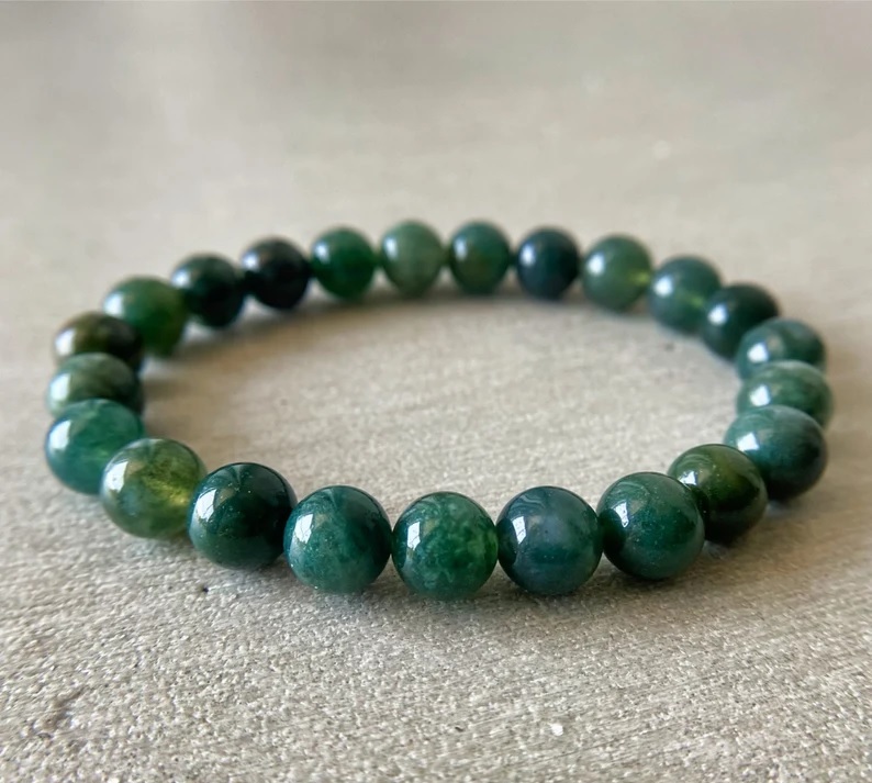 Moss Agate Bracelet - Natural Polished Gemstone, Round Shape, Green Color, Free Size | Adjustable Handmade Jewelry For Fashion And Chakra Healing