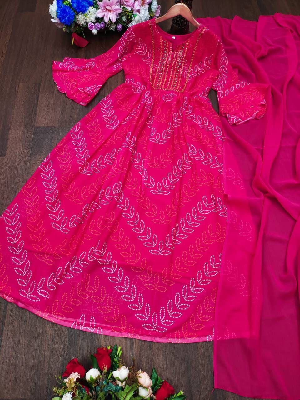 Beautiful Pink Printed Faux Georgette Kurti With Dupatta