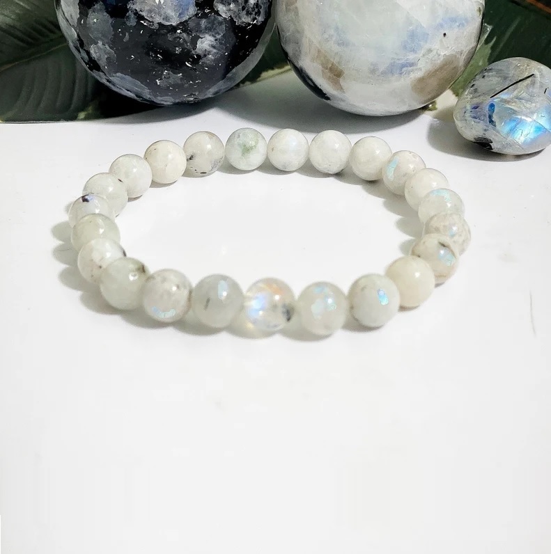Rainbow Moonstone Bracelet - Natural Polished Round Gemstone, Free Size White Crystals | Handmade Adjustable Charm Jewelry For Chakra Healing