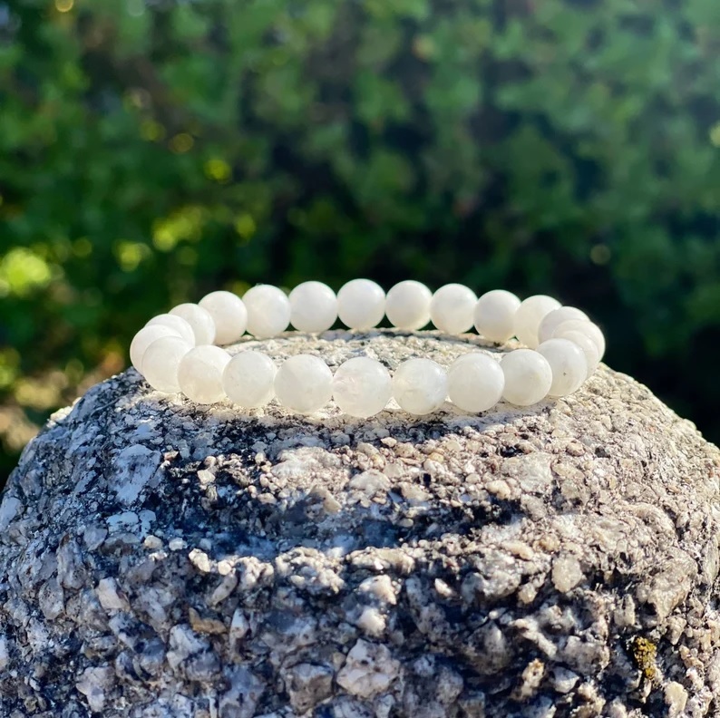 Rainbow Moonstone Bracelet - Natural Polished Round Gemstone, Free Size White Crystals | Handmade Adjustable Charm Jewelry For Chakra Healing