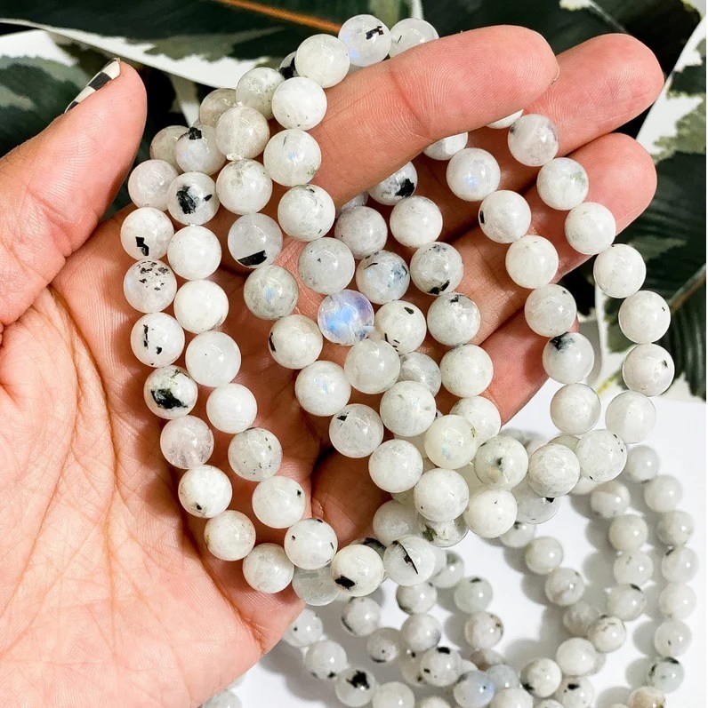 Rainbow Moonstone Bracelet - Natural Polished Round Gemstone, Free Size White Crystals | Handmade Adjustable Charm Jewelry For Chakra Healing