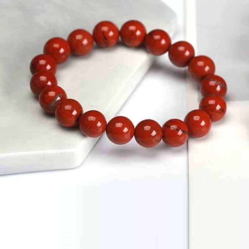 Red Jasper Adjustable Charm Bracelet - Natural Polished Gemstone, Round Shape, Free Size, Vibrant Red Color, Handmade For Healing Chakra Energy