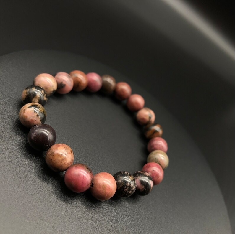Rhodonite Adjustable Charm Bracelet - Handmade Natural Polished Gemstone, Free Size Black Red Round Beaded Jewelry For Healing And Chakra