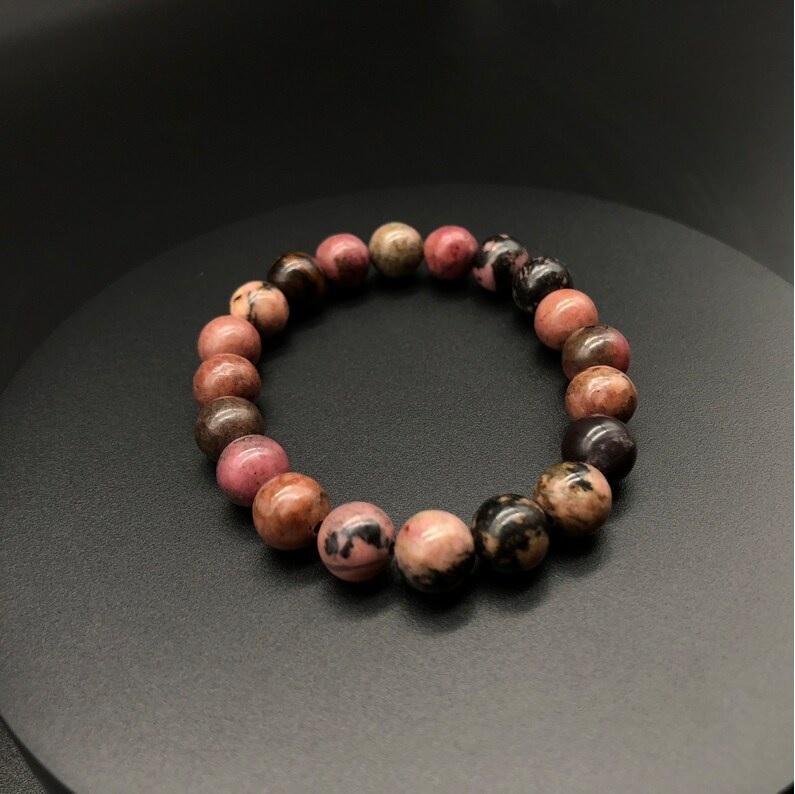 Rhodonite Adjustable Charm Bracelet - Handmade Natural Polished Gemstone, Free Size Black Red Round Beaded Jewelry For Healing And Chakra
