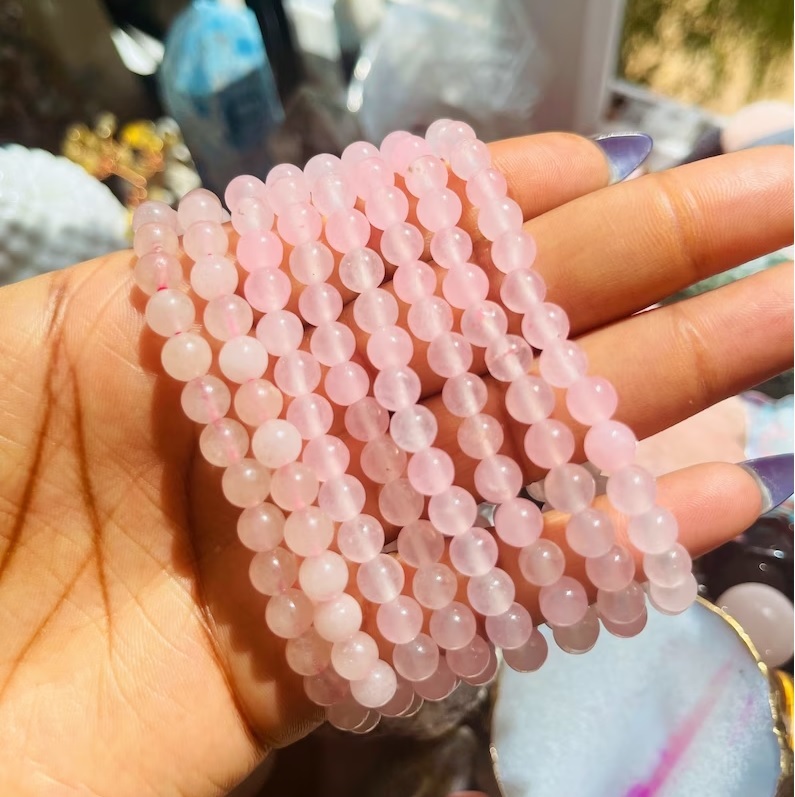 Rose Quartz Bracelet - Natural Polished Round Pink Gemstone , Handmade Adjustable Charm Beaded Jewelry For Fashion And Chakra Healing