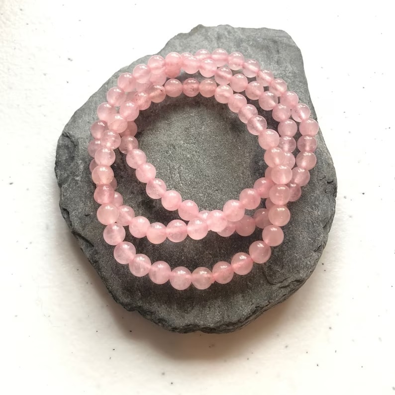Rose Quartz Bracelet - Natural Polished Round Pink Gemstone , Handmade Adjustable Charm Beaded Jewelry For Fashion And Chakra Healing