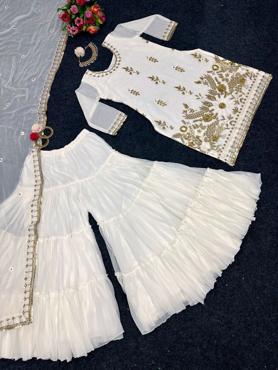 Fancy Designer Faux Georgette With Sequence Work Sharara Suit - Floor-length, Off-white Color , Comfortable Fit, Elegant Design, Intricate Embellishments