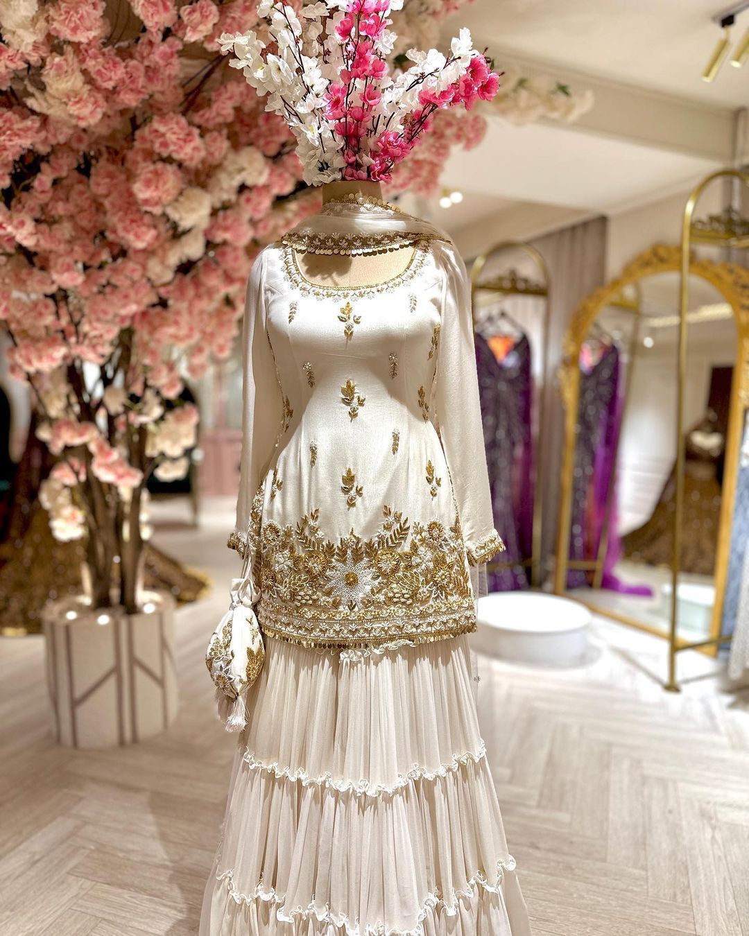 Fancy Designer Faux Georgette With Sequence Work Sharara Suit - Floor-length, Off-white Color , Comfortable Fit, Elegant Design, Intricate Embellishments