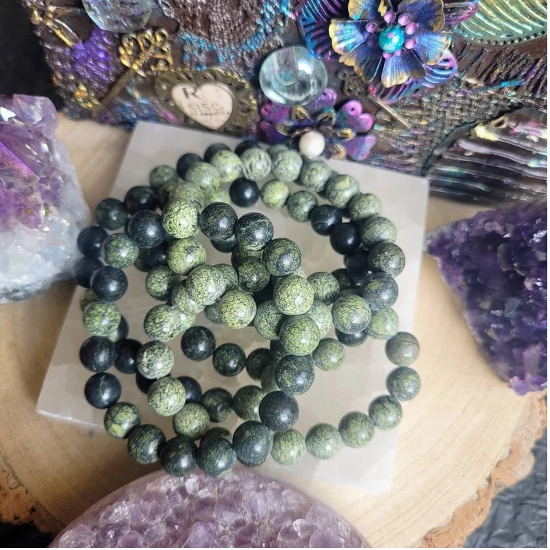 Serpentine Adjustable Bracelet - Natural Polished Gemstone, Free Size 6.5 To 7 Inch, Green Round Beads | Handmade Healing Chakra Jewelry