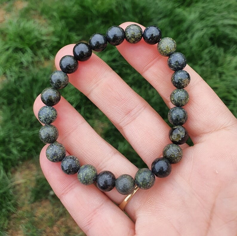 Serpentine Adjustable Bracelet - Natural Polished Gemstone, Free Size 6.5 To 7 Inch, Green Round Beads | Handmade Healing Chakra Jewelry