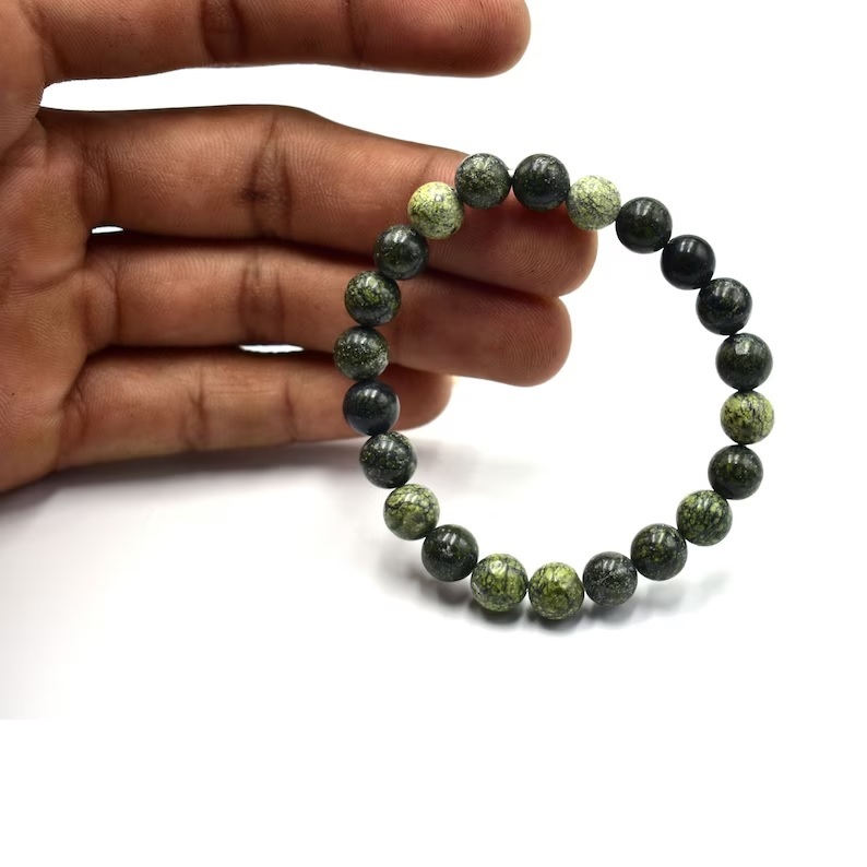 Serpentine Adjustable Bracelet - Natural Polished Gemstone, Free Size 6.5 To 7 Inch, Green Round Beads | Handmade Healing Chakra Jewelry