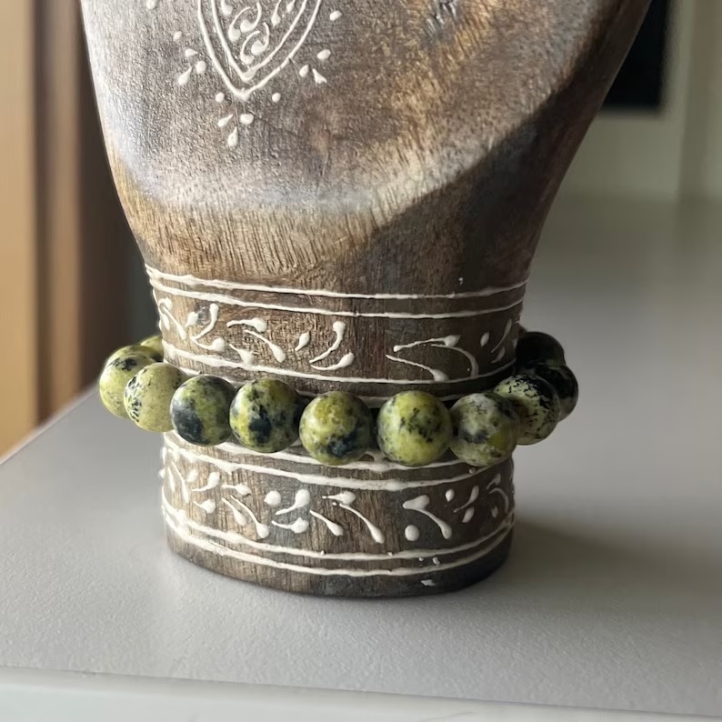 Serpentine Adjustable Bracelet - Natural Polished Gemstone, Free Size 6.5 To 7 Inch, Green Round Beads | Handmade Healing Chakra Jewelry