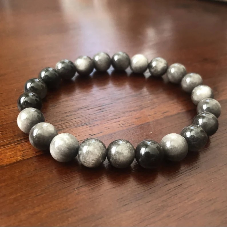 Silver Obsidian Adjustable Charm Bracelet - Free Size, Round Shape, Silver Color, 7g Handmade Jewelry For Healing Chakra