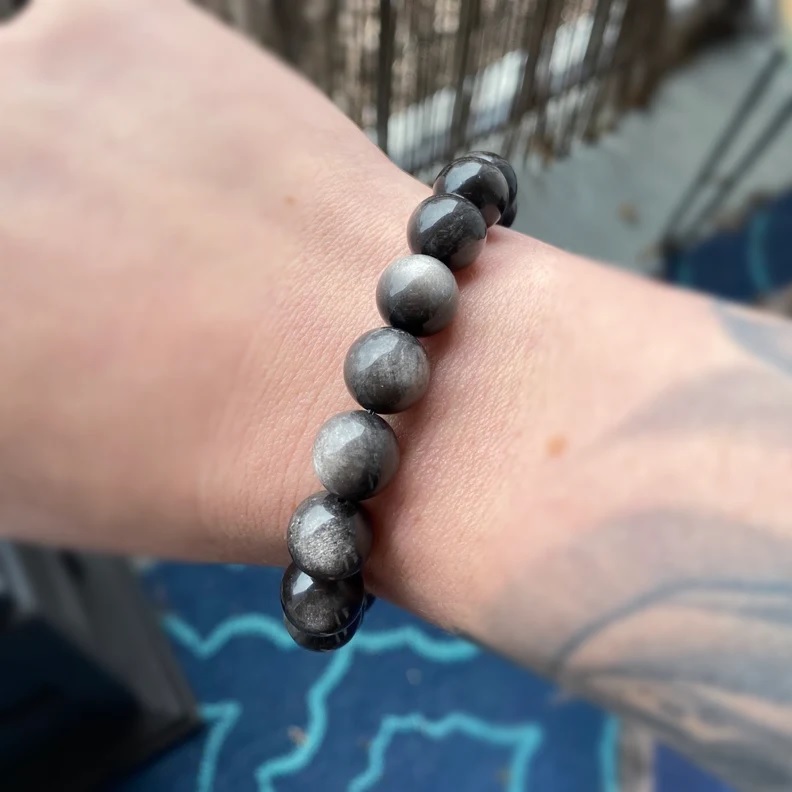 Silver Obsidian Adjustable Charm Bracelet - Free Size, Round Shape, Silver Color, 7g Handmade Jewelry For Healing Chakra