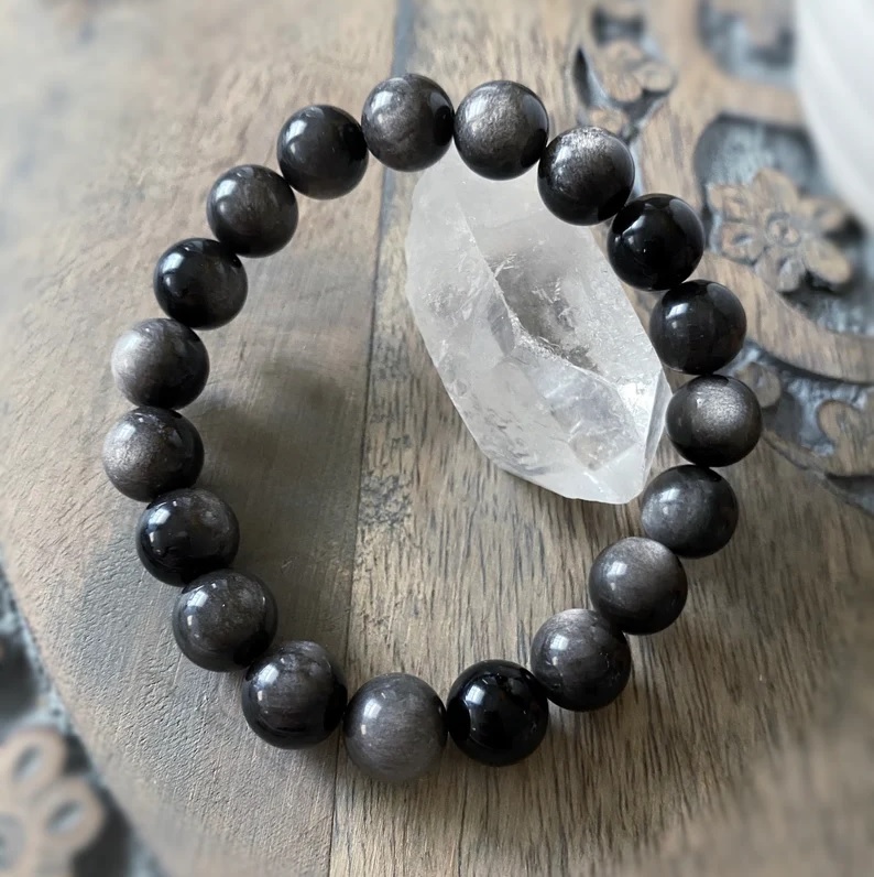 Silver Obsidian Adjustable Charm Bracelet - Free Size, Round Shape, Silver Color, 7g Handmade Jewelry For Healing Chakra