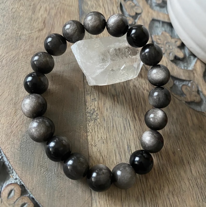 Silver Obsidian Adjustable Charm Bracelet - Free Size, Round Shape, Silver Color, 7g Handmade Jewelry For Healing Chakra