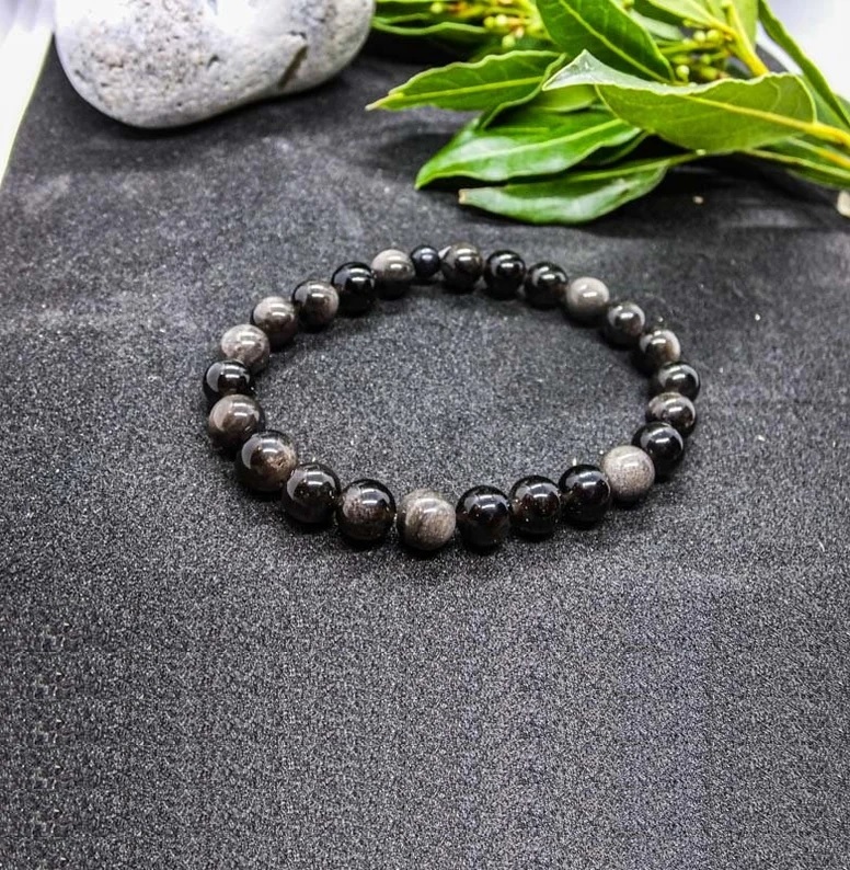 Silver Obsidian Adjustable Charm Bracelet - Free Size, Round Shape, Silver Color, 7g Handmade Jewelry For Healing Chakra