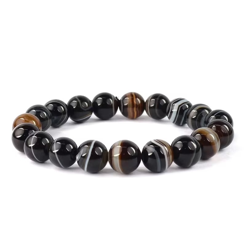 Sulemani Agate Adjustable Bracelet - Free Size Round Brown Black Gemstone , Handmade Healing Chakra Jewelry