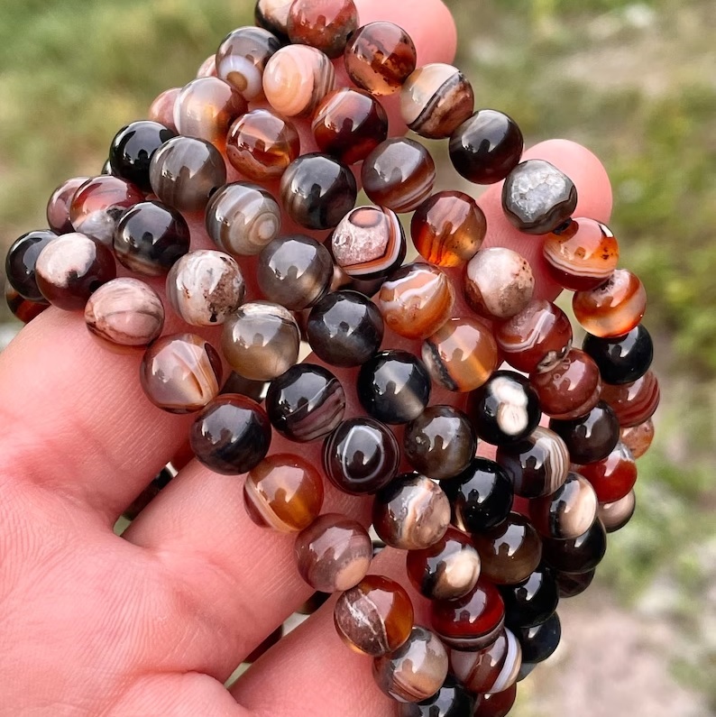 Sulemani Agate Adjustable Bracelet - Free Size Round Brown Black Gemstone , Handmade Healing Chakra Jewelry