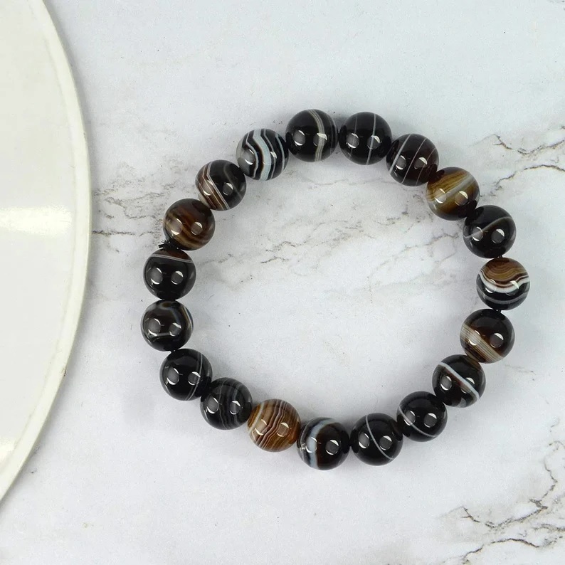 Sulemani Agate Adjustable Bracelet - Free Size Round Brown Black Gemstone , Handmade Healing Chakra Jewelry