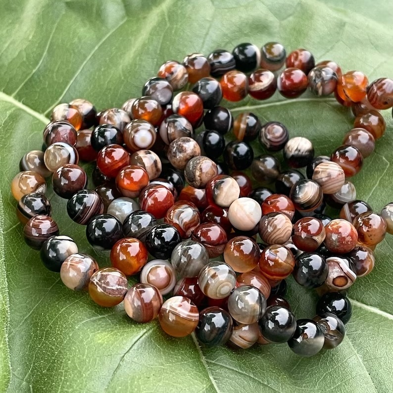 Sulemani Agate Adjustable Bracelet - Free Size Round Brown Black Gemstone , Handmade Healing Chakra Jewelry