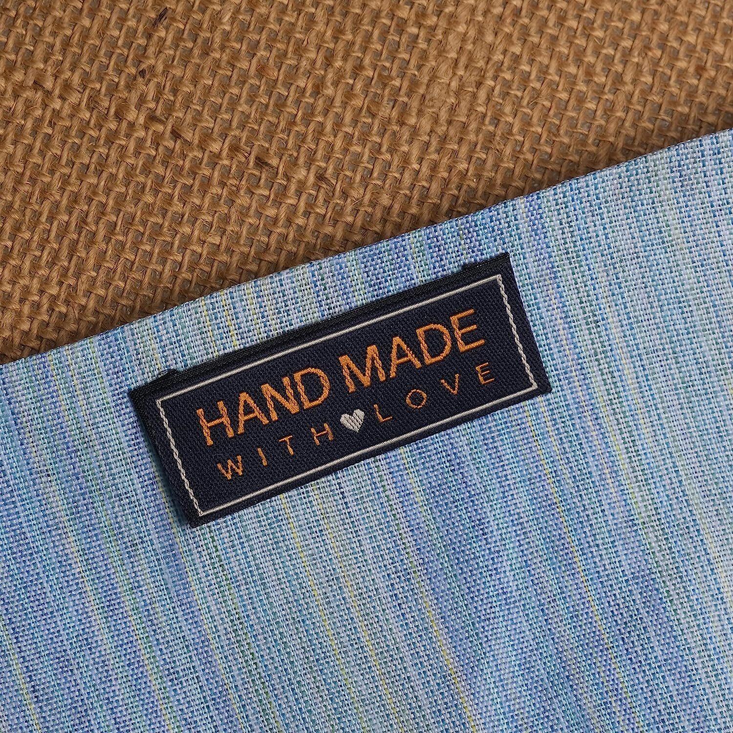 Woven Fabric Label - 20x65 Mm Size, Handmade With Love Orange On Blue | Polyester Material, Rectangle Shape, Perfect For Clothing Sewing