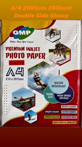 GMP 200gsm A4 Inkjet Photo Double Side Glossy Paper (20 Sheets) - 200gsm Thickness, A4 Size (210mmx297mm), High Whiteness, Instant Dry, Water Resistant, High Resolution