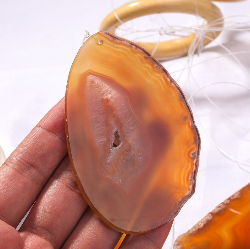Agate Wind Chimes - Orange Polished Gemstone Slices 3 To 3.5 Inch | Handmade, Durable, Uv Resistant, Easy To Clean