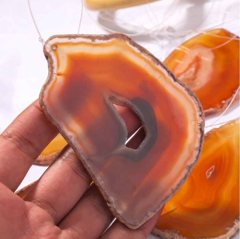 Agate Wind Chimes - Orange Polished Gemstone Slices 3 To 3.5 Inch | Handmade, Durable, Uv Resistant, Easy To Clean