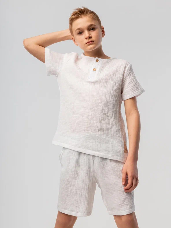 Costume 46-74 - 100% Cotton, Loose Style Shorts With Elastic Waistline And Pockets, Loose Fit T-shirt With Buttons And Short Sleeves