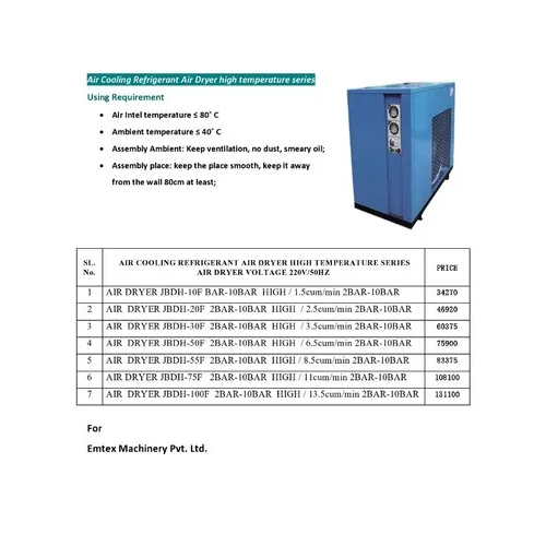 Compressed Air Dryer - Refrigerated Technology, 2 Hp Motor, 220/415 V Power Supply, Blue Color, 12 Months Warranty | Automatic Operation, Industrial Usage