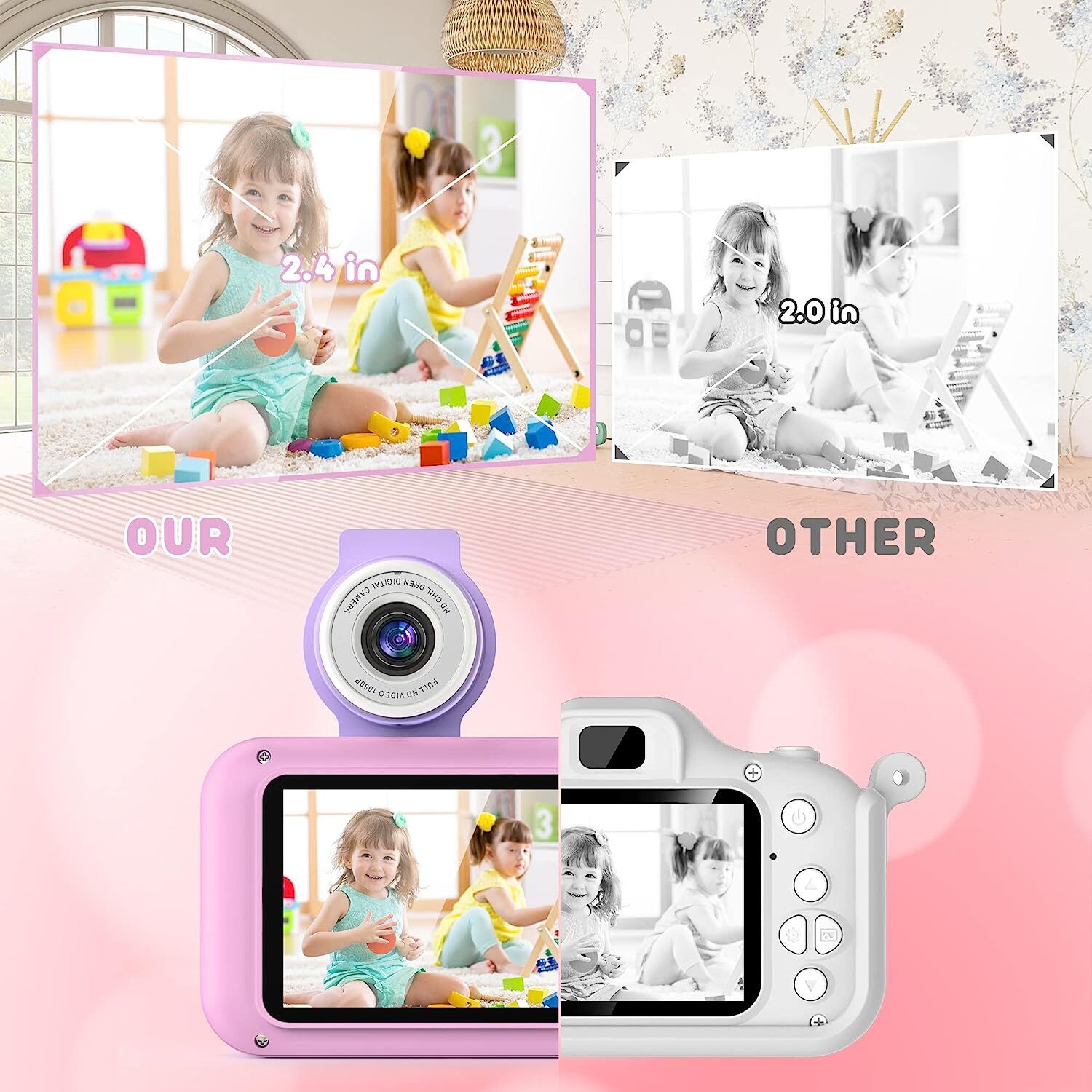Upgraded Real 1080p Kids Camera With Flip Up Lens For Selfie Video 2.4 In Screen Camera Toy