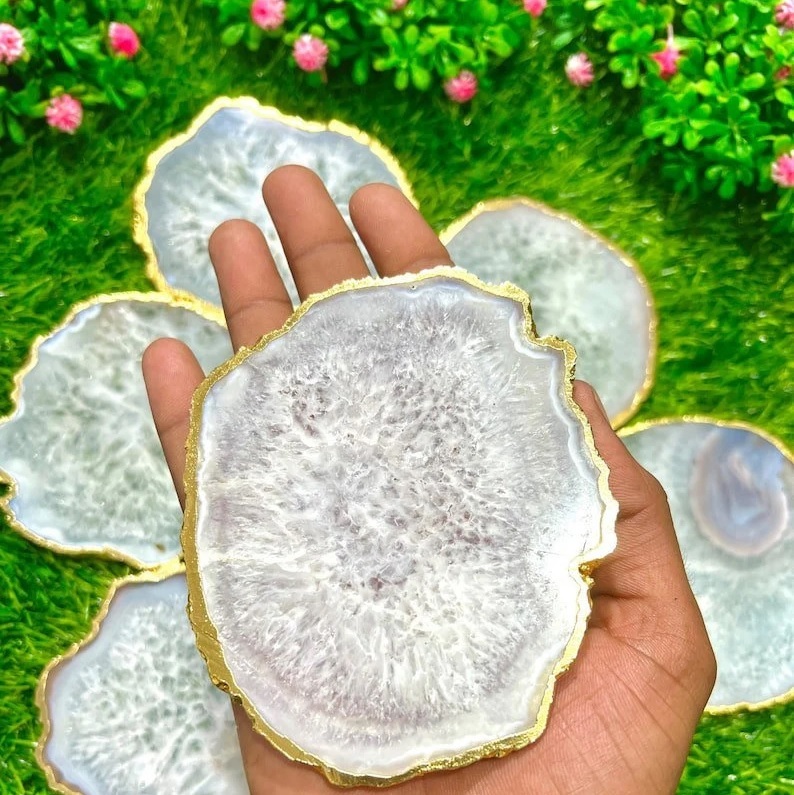 Agate Gemstone Coasters - Handmade White Polished 3 To 3.5 Inch | Durable, Uv Resistant, Easy To Clean, Multi-color Decorative Healing Decor