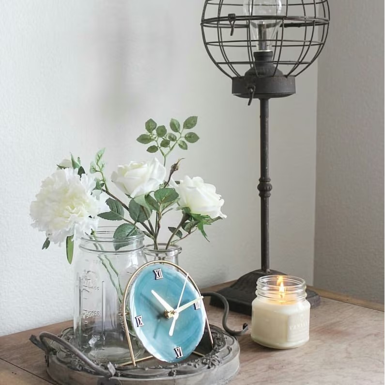 Aqua Agate Desk Clock - Natural Polished Gemstone, 3 To 3.5 Inch | Handmade Blue White Decorative Healing Item For Home Dã©cor