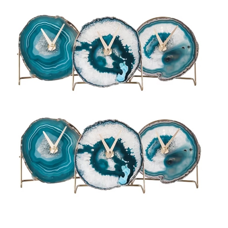 Aqua Agate Desk Clock - Natural Polished Gemstone, 3 To 3.5 Inch | Handmade Blue White Decorative Healing Item For Home Dã©cor
