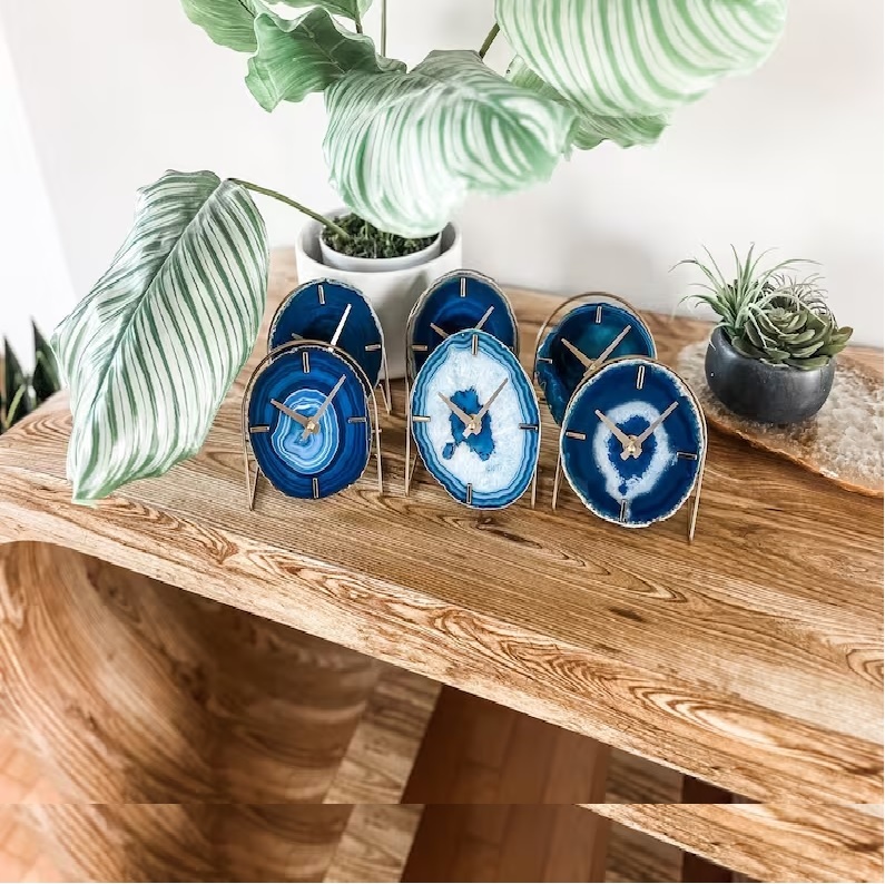 Aqua Agate Desk Clock - Natural Polished Gemstone, 3 To 3.5 Inch | Handmade Blue White Decorative Healing Item For Home Dã©cor