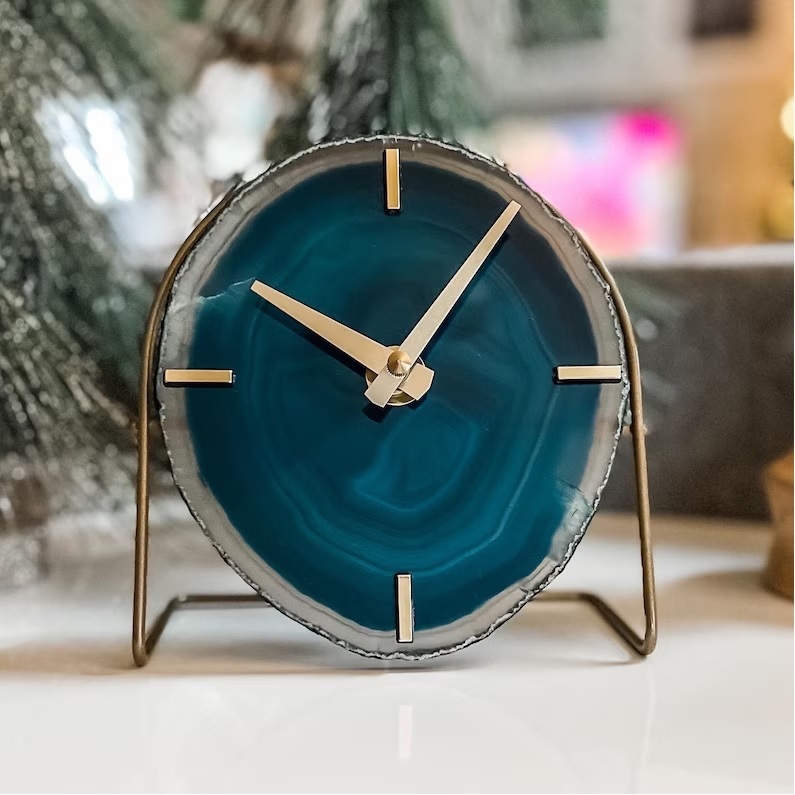 Aqua Agate Desk Clock - Natural Polished Gemstone, 3 To 3.5 Inch | Handmade Blue White Decorative Healing Item For Home Dã©cor