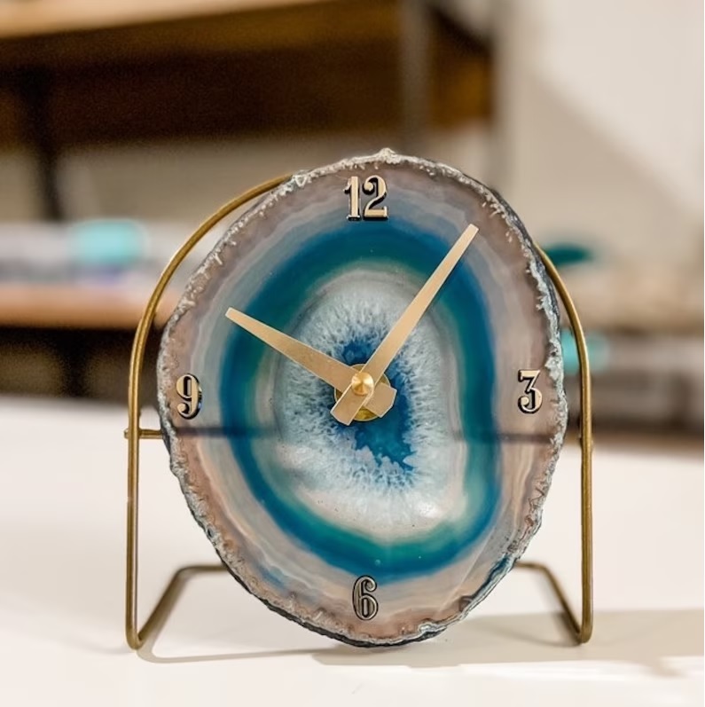 Aqua Agate Desk Clock - Natural Polished Gemstone, 3 To 3.5 Inch | Handmade Blue White Decorative Healing Item For Home Dã©cor