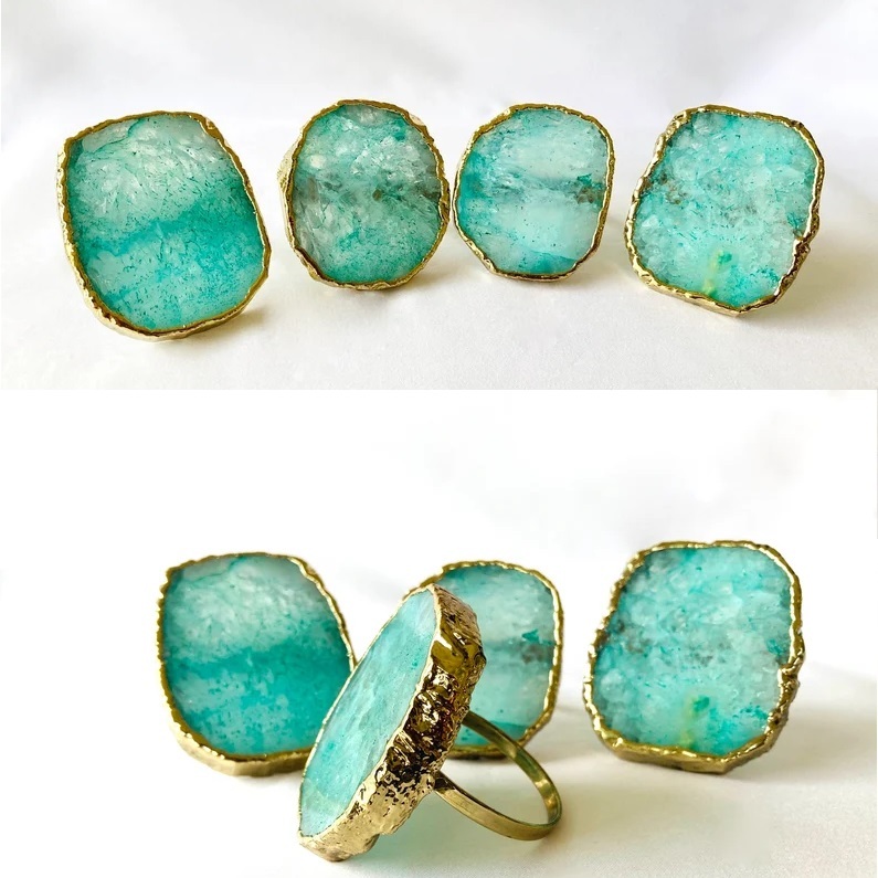 Aqua Agate Slices Napkin Rings - Color: Green