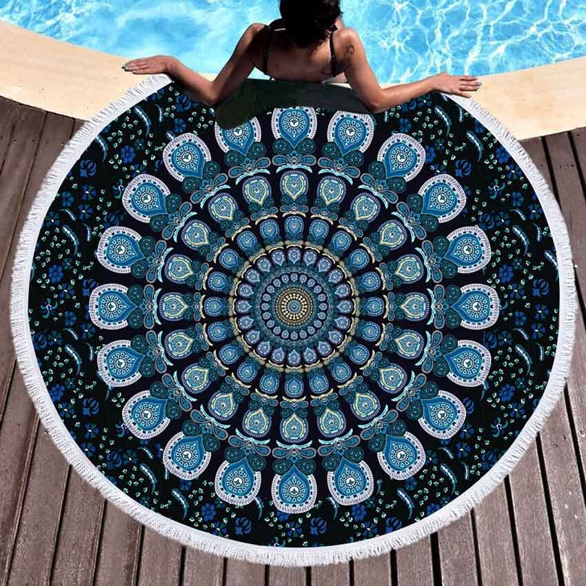 Round Beach Cotton Towel - 100% Cotton, 150 Cm Diameter, Multi-color | Quick Dry, Sand Free, Velvet Touch, Mandala Print, Hypoallergenic