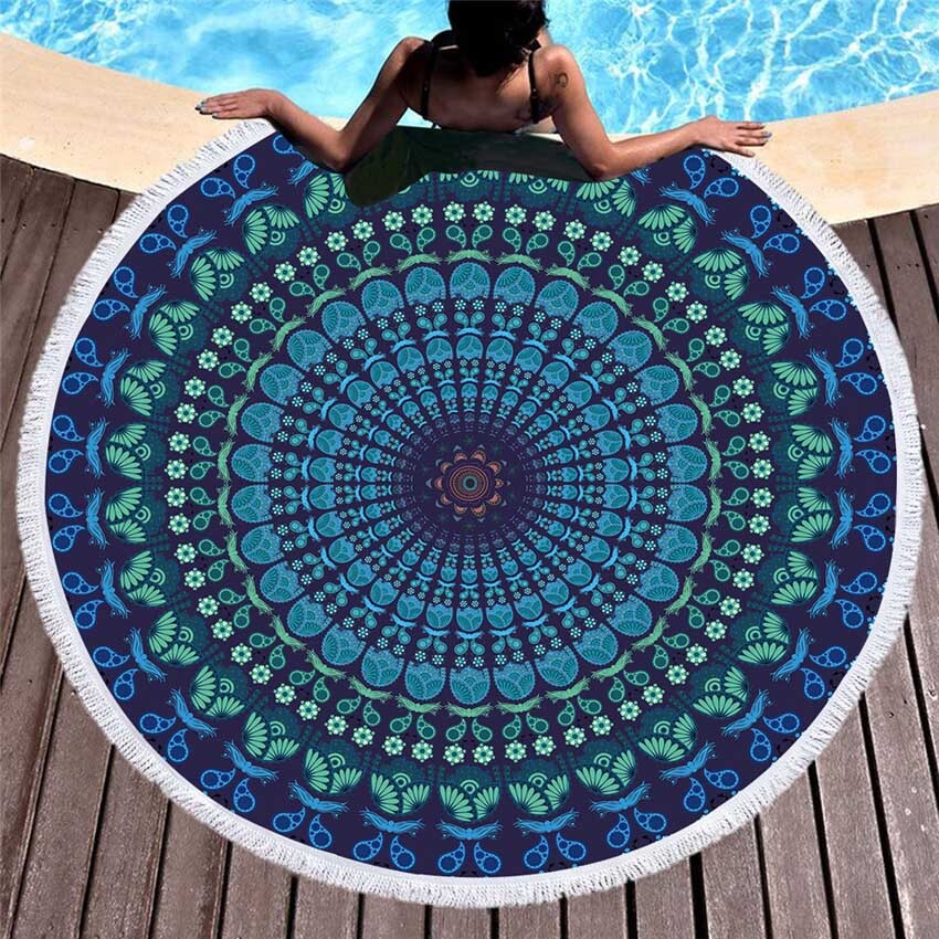 Round Beach Cotton Towel - 100% Cotton, 150 Cm Diameter, Multi-color | Quick Dry, Sand Free, Velvet Touch, Mandala Print, Hypoallergenic