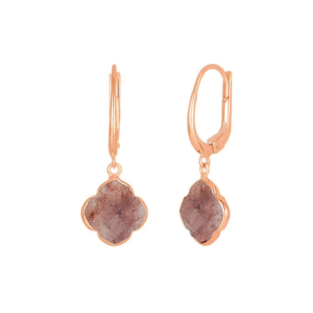 Same As Photo Strawberry Quartz Gemstone 12mm Clover Shape Gold Vermeil Bezel Set Hoop Earring