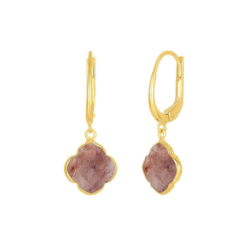 Same As Photo Strawberry Quartz Gemstone 12mm Clover Shape Gold Vermeil Bezel Set Hoop Earring