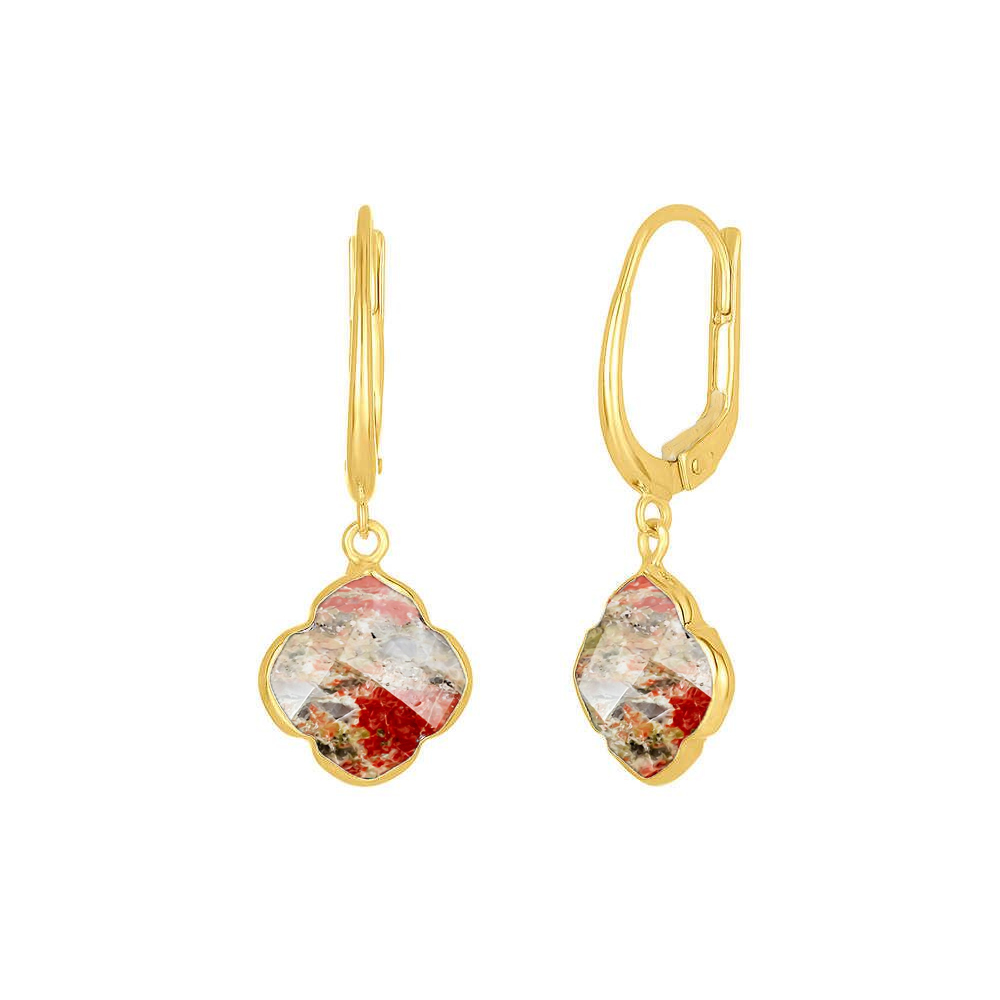 Same As Photo Unakite Gemstone 12mm Clover Shape Gold Vermeil Bezel Set Hoop Earring