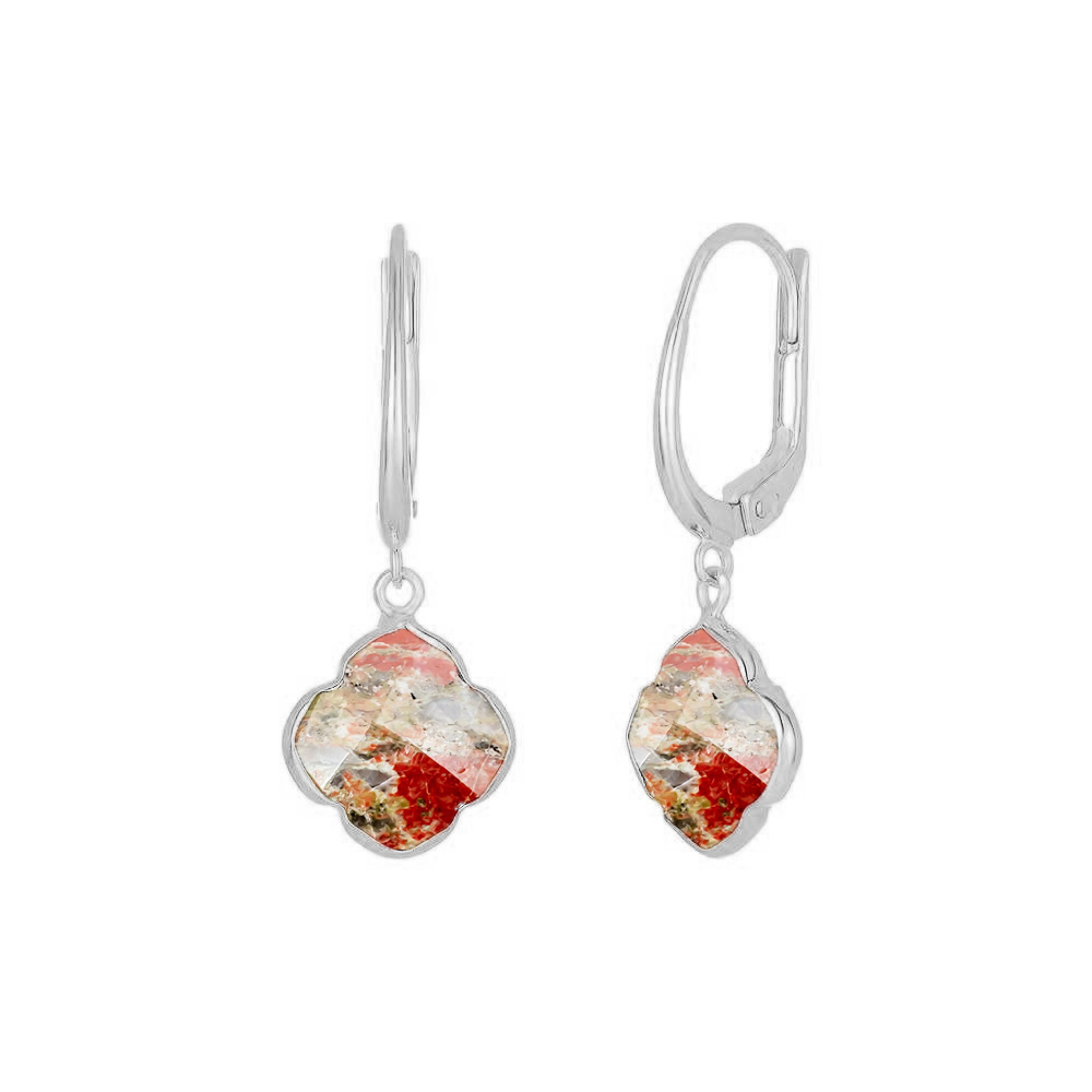 Same As Photo Unakite Gemstone 12mm Clover Shape Gold Vermeil Bezel Set Hoop Earring
