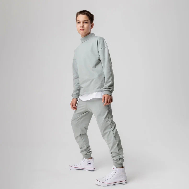 Costume 46-80 - Cotton Blend 92% Cotton 8% Lycra, School Age Size, Gray Color, Loose Fit, Elastic Waist Trousers With Pockets, Buttoned Sweatshirt