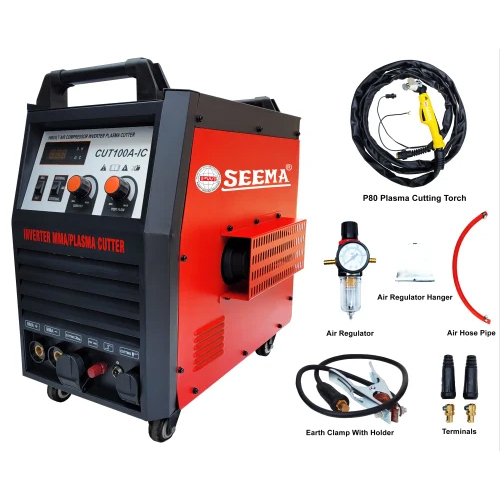 Red Seema 100 Amps प्लाज्मा कटिंग इनबिल्ट कंप्रेसर और Mma वेल्डिंग Igbt मशीन थ्री फेज 50-60 हर्ट्ज