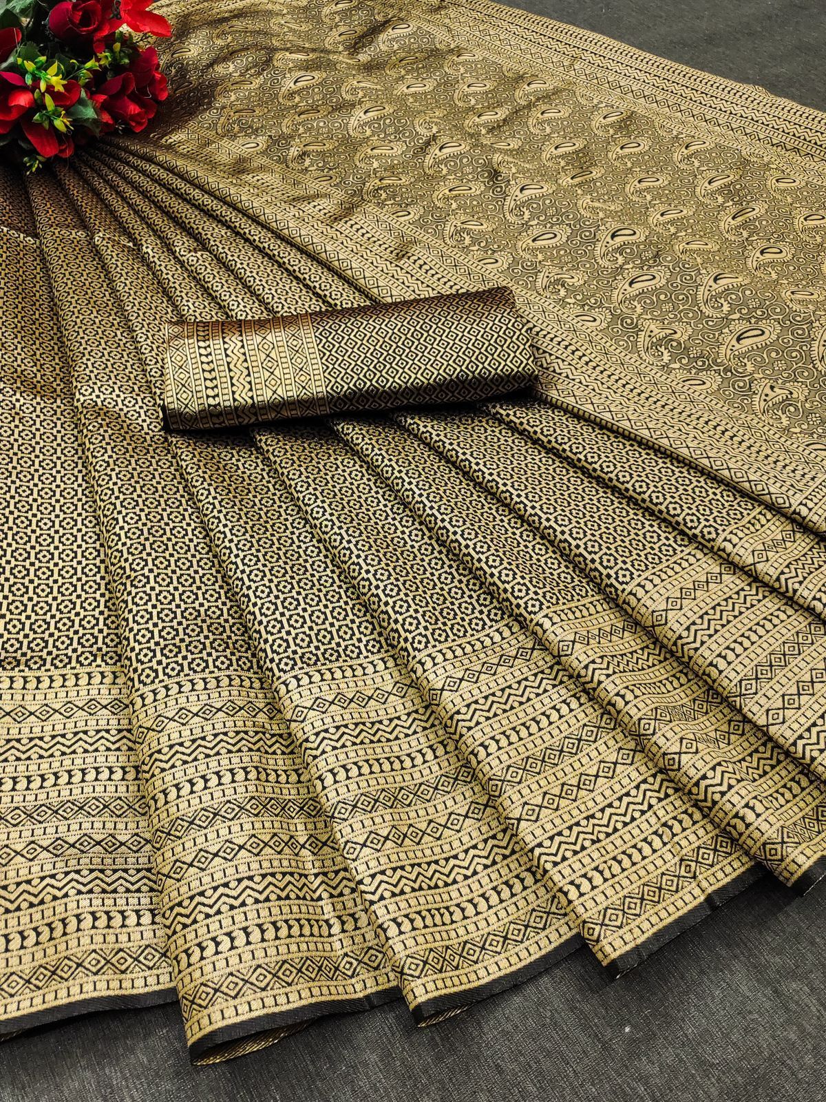 Silk Saree - Soft Lichi Silk Cloth, Length: 5.5 Meters | Beautiful Rich Pallu, All Over Jacquard Work, Contrast Jacquard Border Blouse