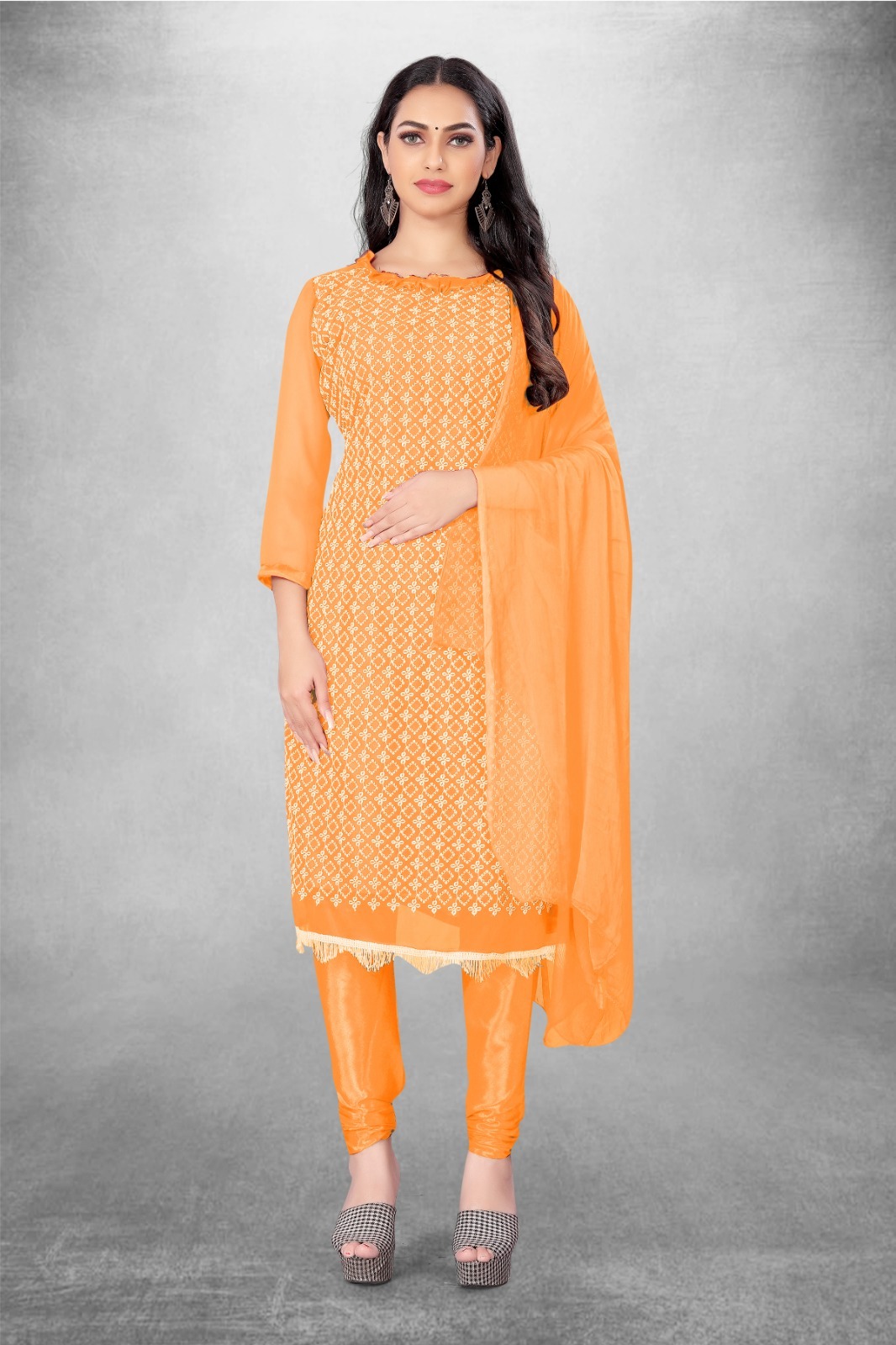 Embroidered Dress Material - Georgette Top (2.00 Mtr), Santoon Bottom & Inner (3.60 Mtr), Nazmeen Dupatta (2.20 Mtr), Available In Pink, Red, Blue, Green, Yellow, Orange, Rama